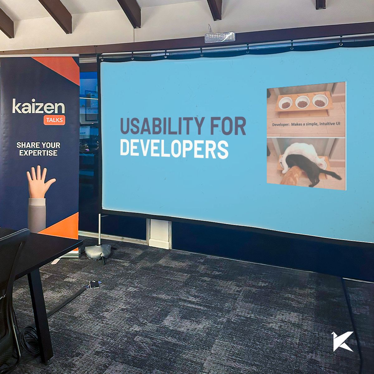 Presentation slide showcasing the title of the Kaizen talk: "Usability for Developers," featuring a Kaizen talk banner.