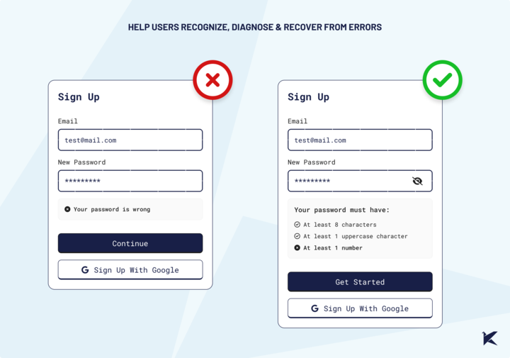 Example of "Help Users Recognize, Diagnose & Recover From Errors" Heuristic: The image compares two app error messages. One is unclear and unhelpful, while the other clearly explains the issue and guides the user to a solution.