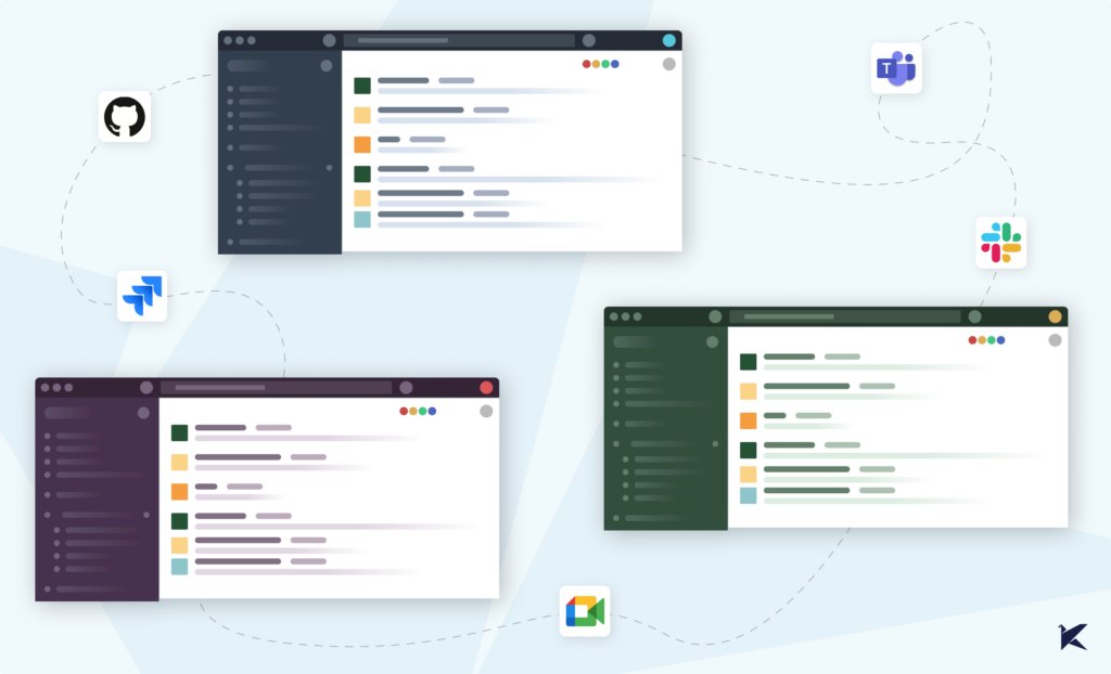 Graphic image displaying various communication and collaboration platforms, including Slack, Microsoft Teams, Jira, and GitHub, representing multiple channels used for team communication and project management.