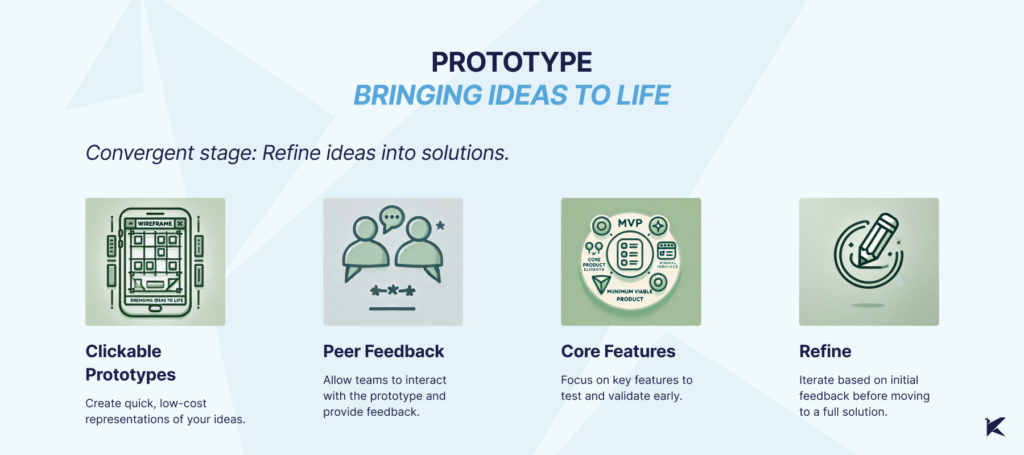 An image titled "Prototype: Bringing ideas to life" representing the fourth stage of Design Thinking